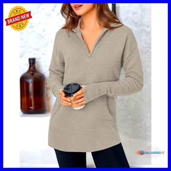 Quarter Zip Pullover Sweater Oversized Loose Fit Rib Knit Chic Casual Winter - Picture 3 of 7